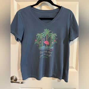 Life Is Good Teal T-Shirt with Flamingo and Palm Trees